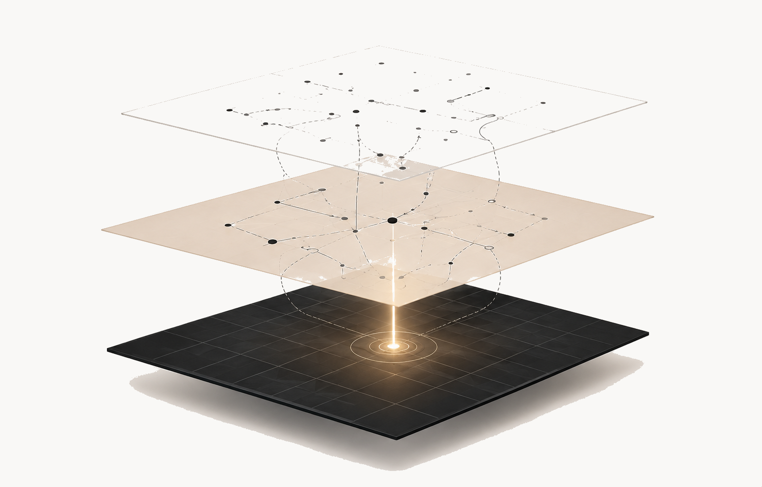 Three layered planes — fragmented work converging into one layer.